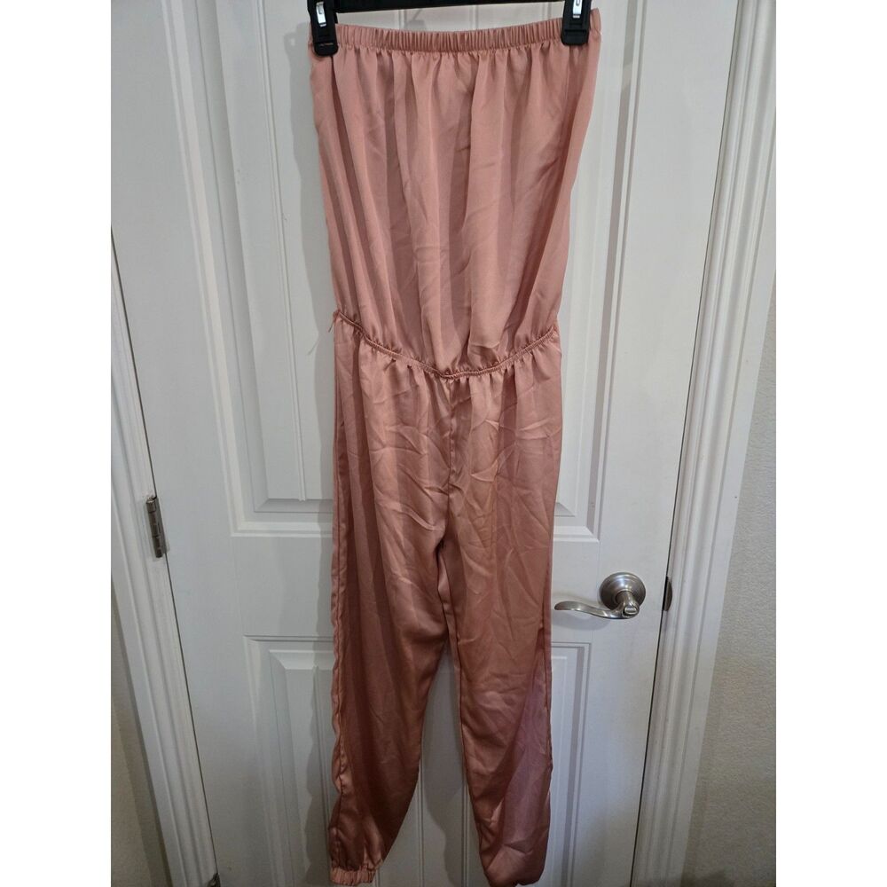 The Vanity Room Women’s Medium Blush Pink Strapless Satin Jogger Jumpsuit